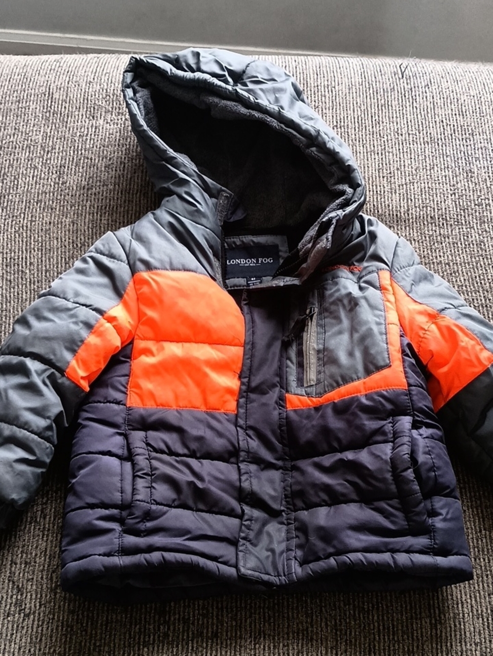 London Fog Kids Navy, Gray & Orange Hooded Puffer Jacket